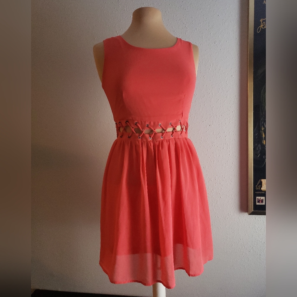 Coral Lace Up Midriff Dress